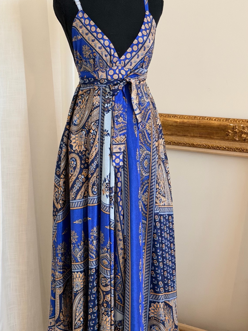 Royal Blue Paisley Wrap Maxi Dress with Tie Waist